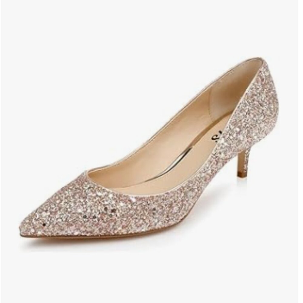 FYS Champagne Glitter Kitten Heels Pointed Toe Slip On Pumps Slide Wedding Shoes